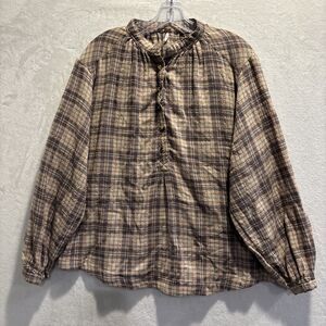 Free People North Bound Pullover Blouse Beige Rustic Plaid Women's Size XS Boho